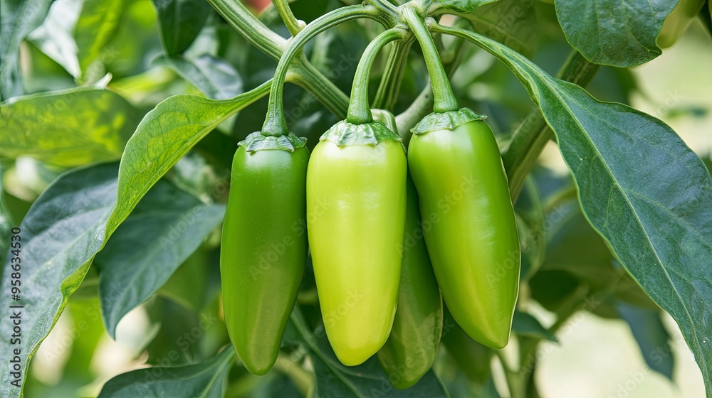 Close-up of four green jalapeno peppers growing on a plant with large leaves. Close-up of four green jalapeno peppers growing on a plant with large leaves.