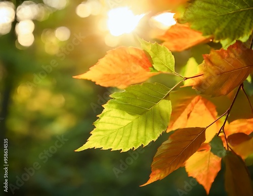 New Autumn leaf closeup.New Bright orange tree change. Golden color in park Light sunny warm october day.Best Red leaves in garden Sun in blue sky.