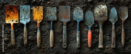 A row of 10 gardening tools, various styles and colors, on a dark brown textured surface with some scattered stones. photo