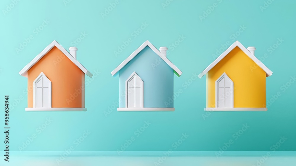 3D-rendered homes floating above a gradient background, representing the fluid nature of housing demand 3D-rendered homes floating above a gradient background, representing the fluid nature of housing demand