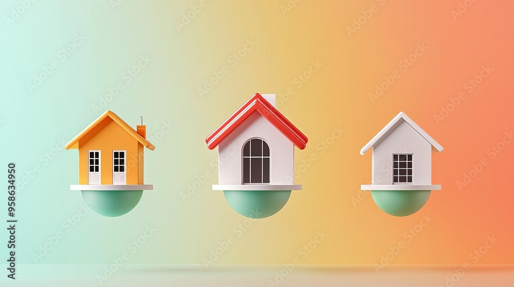 3D-rendered homes floating above a gradient background, representing the fluid nature of housing demand 3D-rendered homes floating above a gradient background, representing the fluid nature of housing demand
