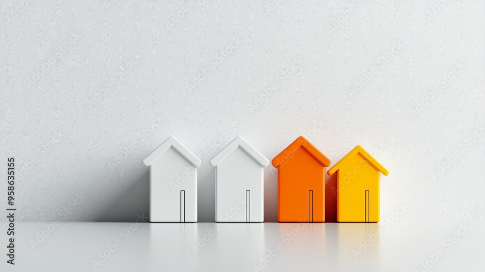 A cluster of 3D minimalist homes, one highlighted in vibrant color to represent peak housing demand A cluster of 3D minimalist homes, one highlighted in vibrant color to represent peak housing demand