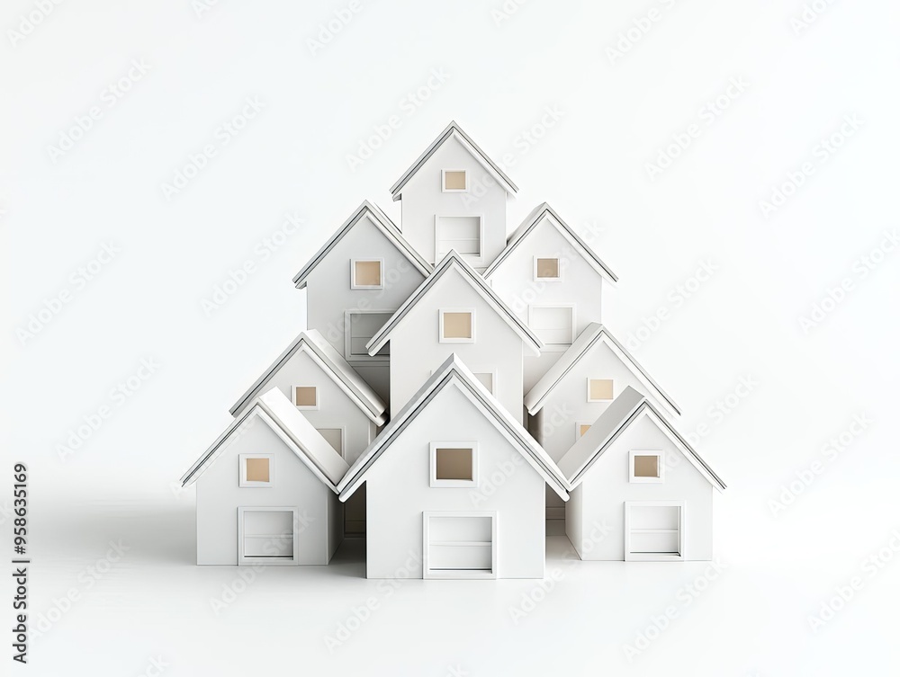 Clean, white 3D houses arranged in a pyramid, symbolizing tiered housing demand and sales trends Clean, white 3D houses arranged in a pyramid, symbolizing tiered housing demand and sales trends