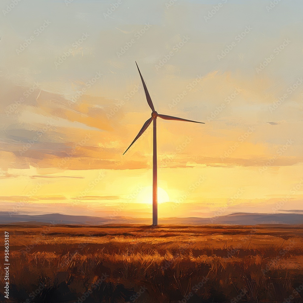 Obraz premium Tranquil Sunset Wind Farm - Renewable Energy Digital Painting in Warm Tones on White Background