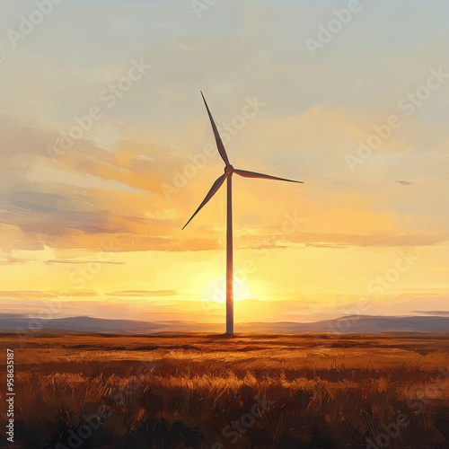 Tranquil Sunset Wind Farm - Renewable Energy Digital Painting in Warm Tones on White Background