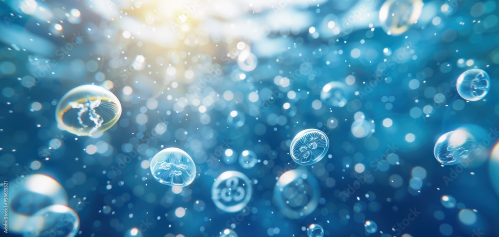 A blue ocean with many bubbles floating in it A blue ocean with many bubbles floating in it