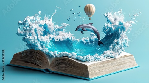 A whimsical scene of a dolphin leaping from waves above an open book, symbolizing adventure and creativity in storytelling. photo