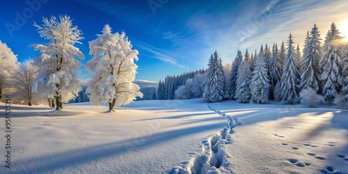 Fresh footprints trail through untouched winter wonderland, snowy trees stand tall against frosty blue sky as photo