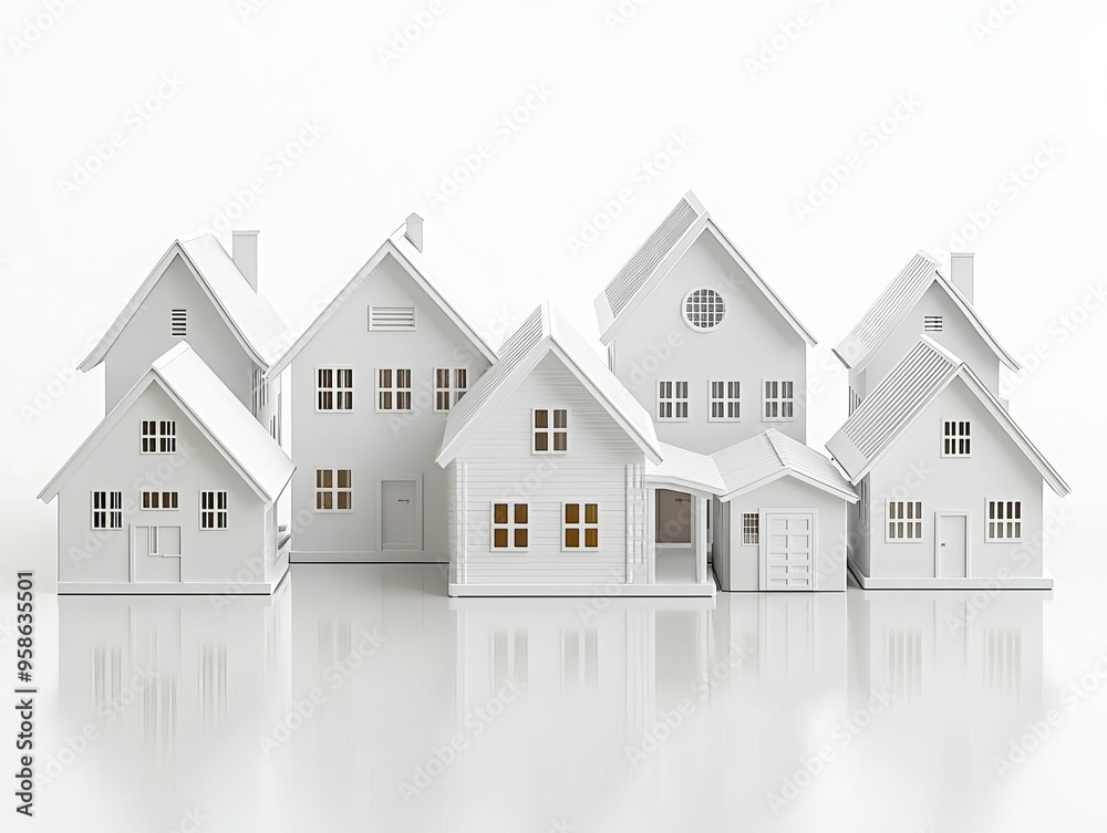 Monochrome 3D houses placed on a reflective surface, symbolizing the real estate market's high demand Monochrome 3D houses placed on a reflective surface, symbolizing the real estate market's high demand