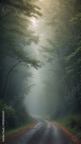 Mysterious Foggy Road Through Lush Green Forest. photo