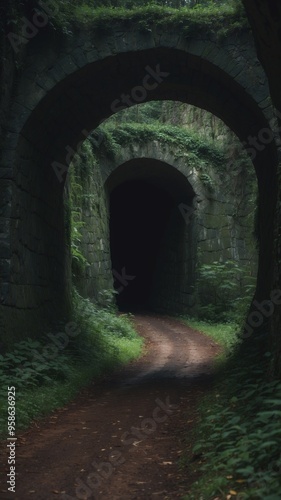 A dark tunnel within the middle of a lush green forest.