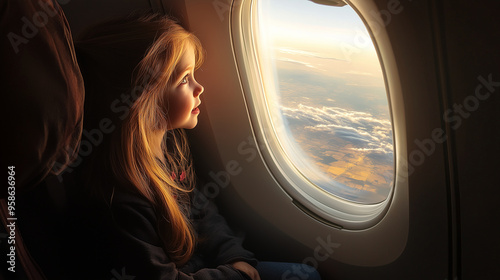 The joy of a little girl as she peers out of the airplane window, seeing the world from above for the first time