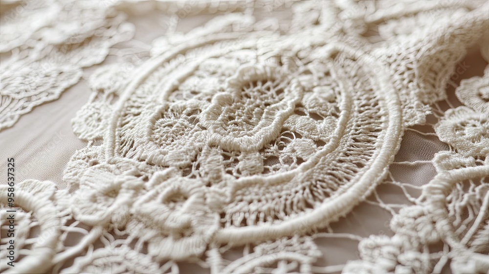 Close-up of Delicate White Lace Fabric with Intricate Pattern Close-up of Delicate White Lace Fabric with Intricate Pattern