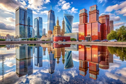 A stunning stock photo capturing the reflection of Moscow Highrise building on Red Gate Square showcasing its modern architecture and vibrant cityscape, contemporary, cityscape view