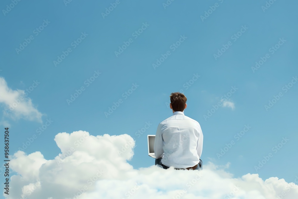 A businessman sitting on a cloud, working on a laptop, illustrating remote work and creativity against a clear blue sky. A businessman sitting on a cloud, working on a laptop, illustrating remote work and creativity against a clear blue sky.