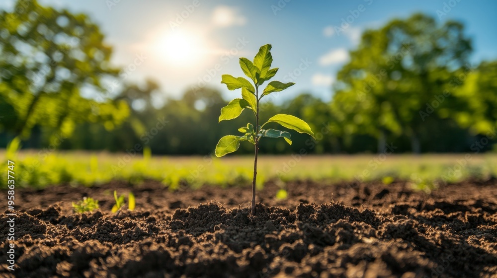 Young Tree Sapling Growing in Soil with Sun and Sky Background Young Tree Sapling Growing in Soil with Sun and Sky Background
