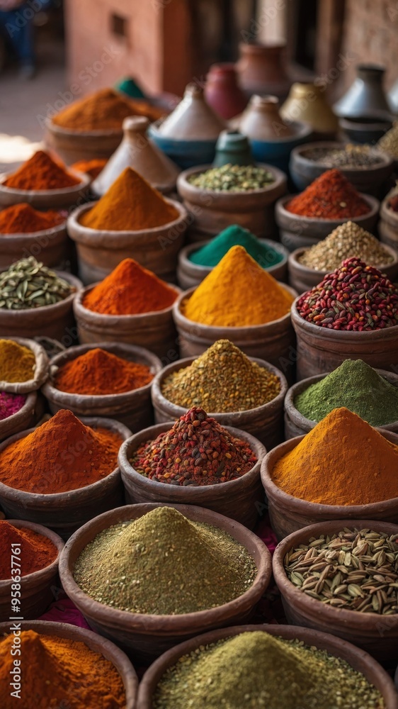 Fototapeta premium An array of colorful spices are on display at a bustling Moroccan market in Marrakech, inviting visitors to explore the rich culinary traditions of Morocco.