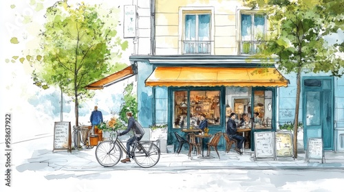 Fototapeta Naklejka Na Ścianę i Meble -  Watercolor Illustration of a Parisian Cafe with a Cyclist