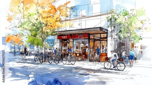 Watercolor Illustration of a City Street with Cafe and Cyclists photo