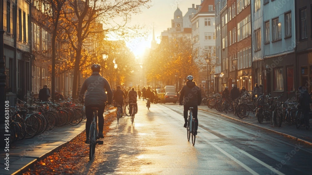 Cyclists Riding Through City Street at Sunset Cyclists Riding Through City Street at Sunset