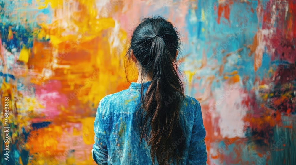 Woman with Long Hair Facing Colorful Abstract Art Woman with Long Hair Facing Colorful Abstract Art