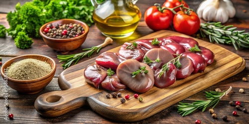 Freshly sliced organic chicken kidney on a rustic wooden cutting board surrounded by aromatic herbs and spices, ready photo