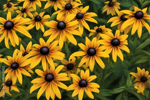 Yellow black eyed susans with dark brown centers and long petals, AI Generated photo