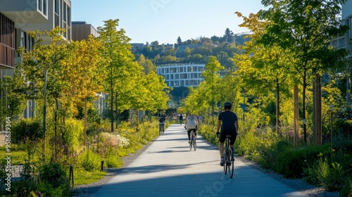 Cyclists riding on a paved path through a green urban park with modern architecture