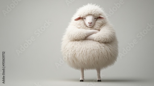 A fat, fluffy, cute sheep stands with her arms folded on her chest and a cheeky face.