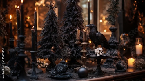 Gothic Christmas decor featuring dark trees, candles, and a raven displayed in an atmospheric setting photo