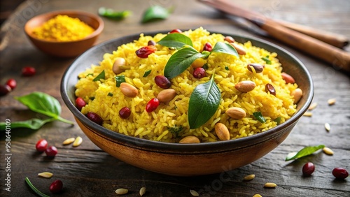 A close up stock photo of a delicious bowl of Chitranna a fragrant and tangy South Indian lemon rice dish garnished with peanuts curry leaves and mustard seeds, Indian, stock photo photo