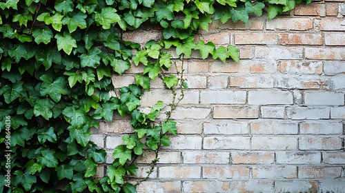 Green Ivy Growing Up a Whitewashed Brick Wall