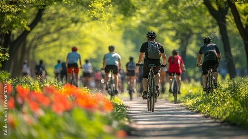 Group of Cyclists Riding on a Path in a Park with Green Trees and Flowers