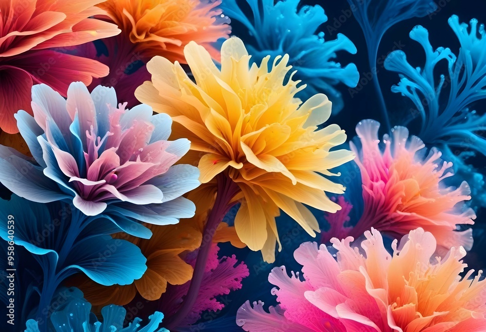 Colorful abstract flowers with vibrant hues of pink, orange, yellow, and blue Colorful abstract flowers with vibrant hues of pink, orange, yellow, and blue