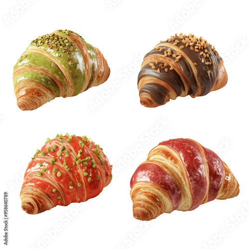 Set of four isolated realistic croissants