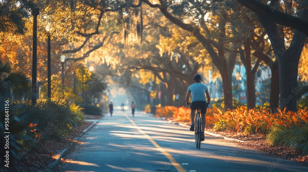 Cyclist Riding Through a Park on a Sunny Day Cyclist Riding Through a Park on a Sunny Day
