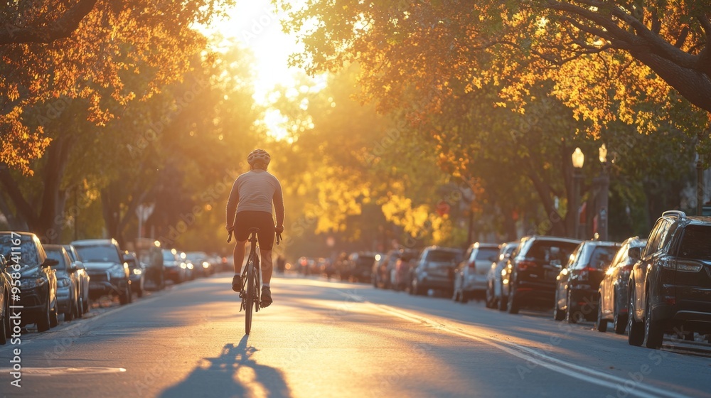 Cyclist Riding Towards Sunset on City Street
