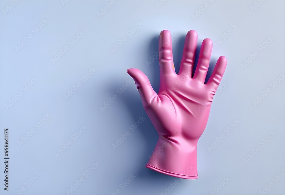 A pink rubber glove against a light blue background A pink rubber glove against a light blue background