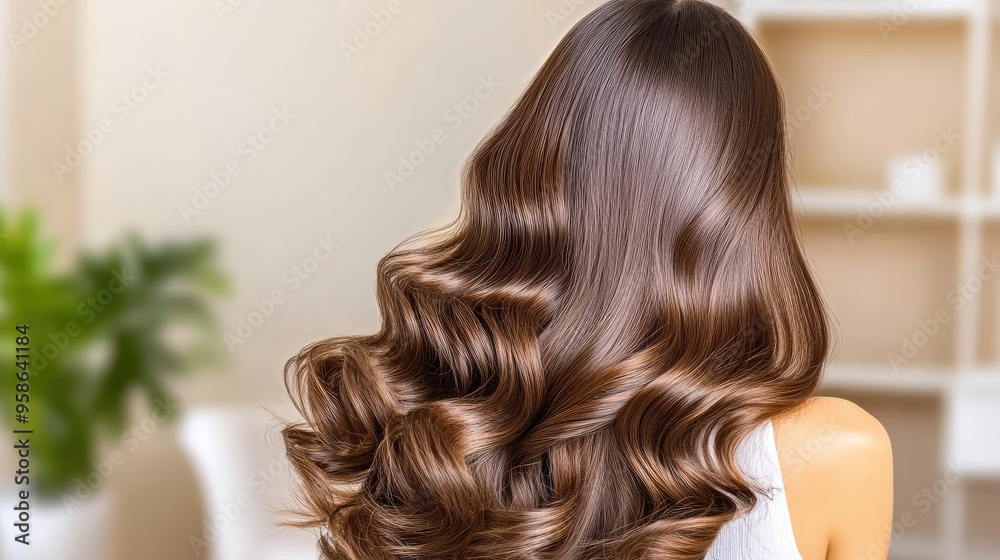 Fototapeta premium Thick, wavy dark brown hair cascades gracefully around shoulders, set against a stylish home backdrop, capturing a romantic and modern vibe