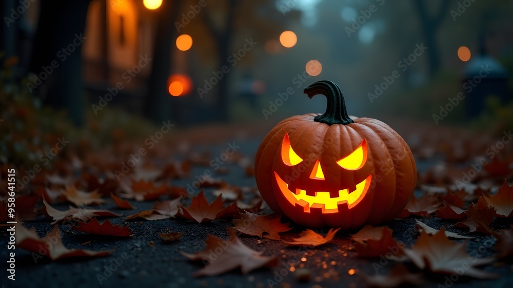 A glowing Jack-o'-lantern with a menacing grin sits on a leaf-covered street at night, with blurred streetlights in the background A glowing Jack-o'-lantern with a menacing grin sits on a leaf-covered street at night, with blurred streetlights in the background