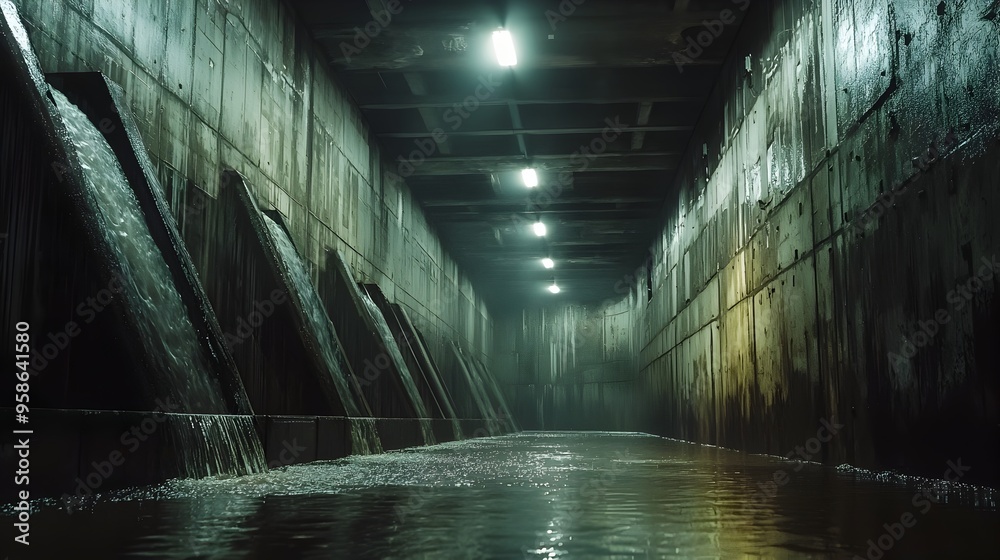 Massive Underground Drainage Reservoir with Trickling Water and Industrial Lighting Massive Underground Drainage Reservoir with Trickling Water and Industrial Lighting