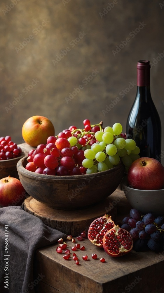 Rustic still life with grapes, pomegranates, and a variety of fresh produce. Rustic still life with grapes, pomegranates, and a variety of fresh produce.