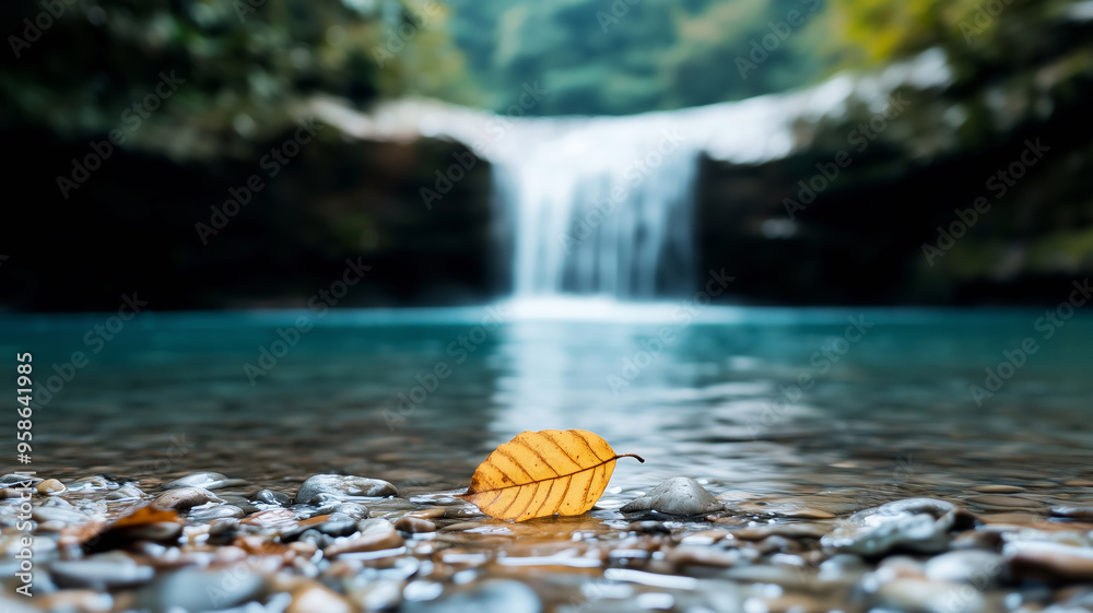 A single yellow leaf rests on pebbles near the edge of a peaceful waterfall pool, with blurred water cascading in the background. A single yellow leaf rests on pebbles near the edge of a peaceful waterfall pool, with blurred water cascading in the background.