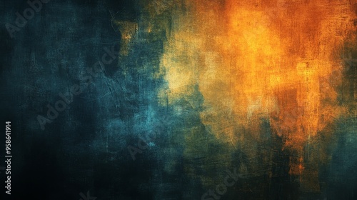 Abstract Grunge Background with Dark Colors and Yellow, Orange, and Blue Tones