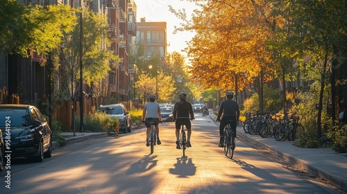 Three Cyclists Riding Through City Street at Sunset