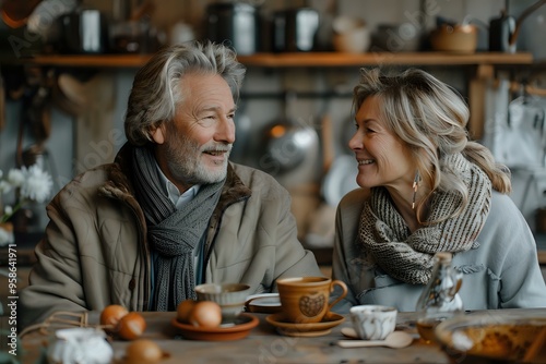 A mature couple enjoying a warm conversation over coffee in a cozy, rustic setting, surrounded by kitchenware. Perfect for lifestyle photography, family themes, and senior-focused projects.