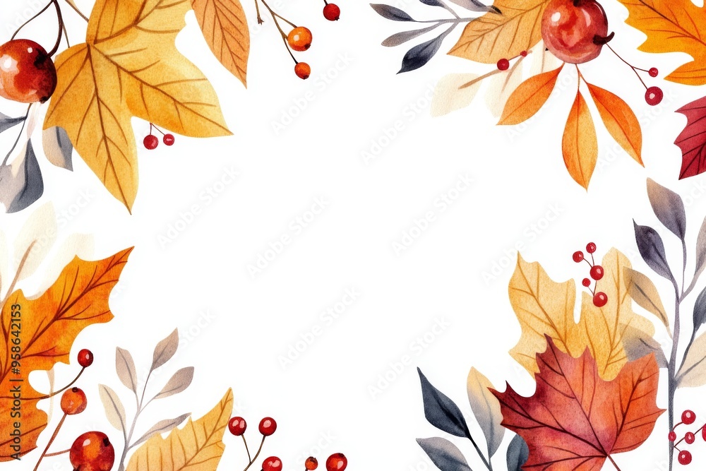 vibrant hand-drawn autumn card with watercolor leaves, stems, and berries, surrounded by a wreath of fall foliage, isolated on white illustration vibrant hand-drawn autumn card with watercolor leaves, stems, and berries, surrounded by a wreath of fall foliage, isolated on white illustration