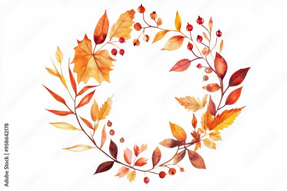 vibrant hand-drawn autumn card with watercolor leaves, stems, and berries, surrounded by a wreath of fall foliage, isolated on white illustration vibrant hand-drawn autumn card with watercolor leaves, stems, and berries, surrounded by a wreath of fall foliage, isolated on white illustration