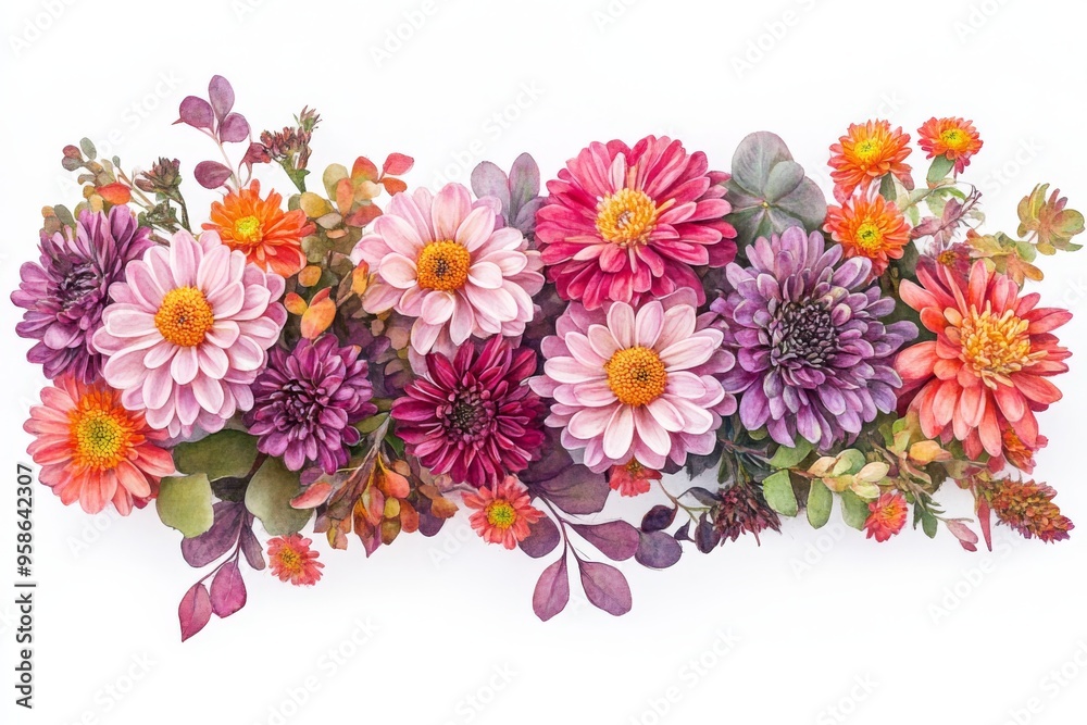 vibrant watercolor flowers arrangement with a mix of seasonal blooms, including chrysanthemums, asters, and sedum, isolated on a bright white background vibrant watercolor flowers arrangement with a mix of seasonal blooms, including chrysanthemums, asters, and sedum, isolated on a bright white background