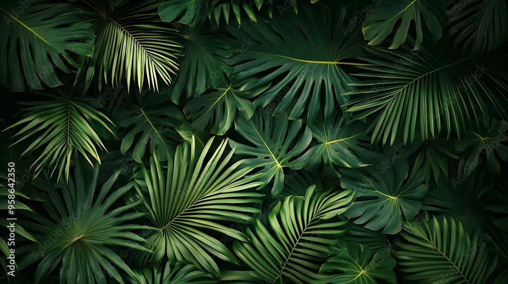 A background of dark green palm leaves with vibrant colors, creating an exotic and lush atmosphere A background of dark green palm leaves with vibrant colors, creating an exotic and lush atmosphere